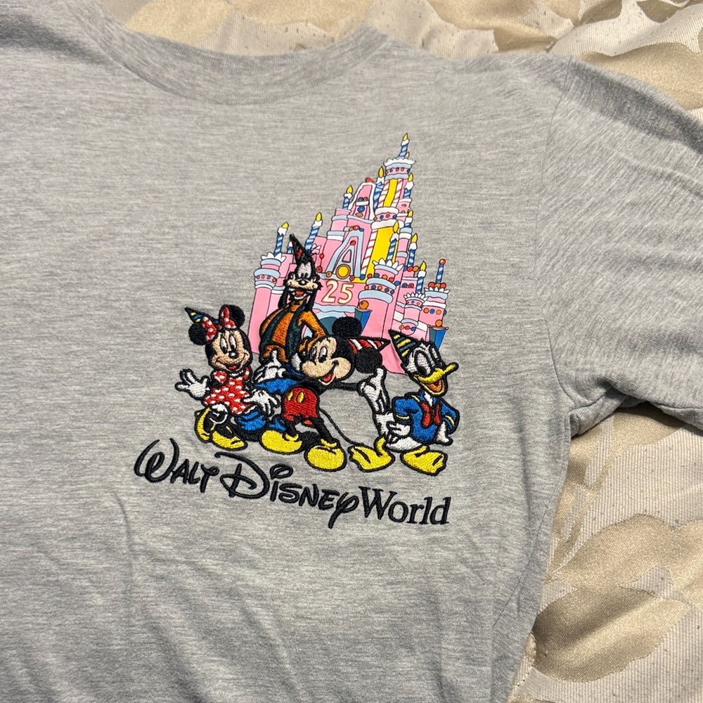 Disney Gray Woman’s Tee with Pink Castle and Characters